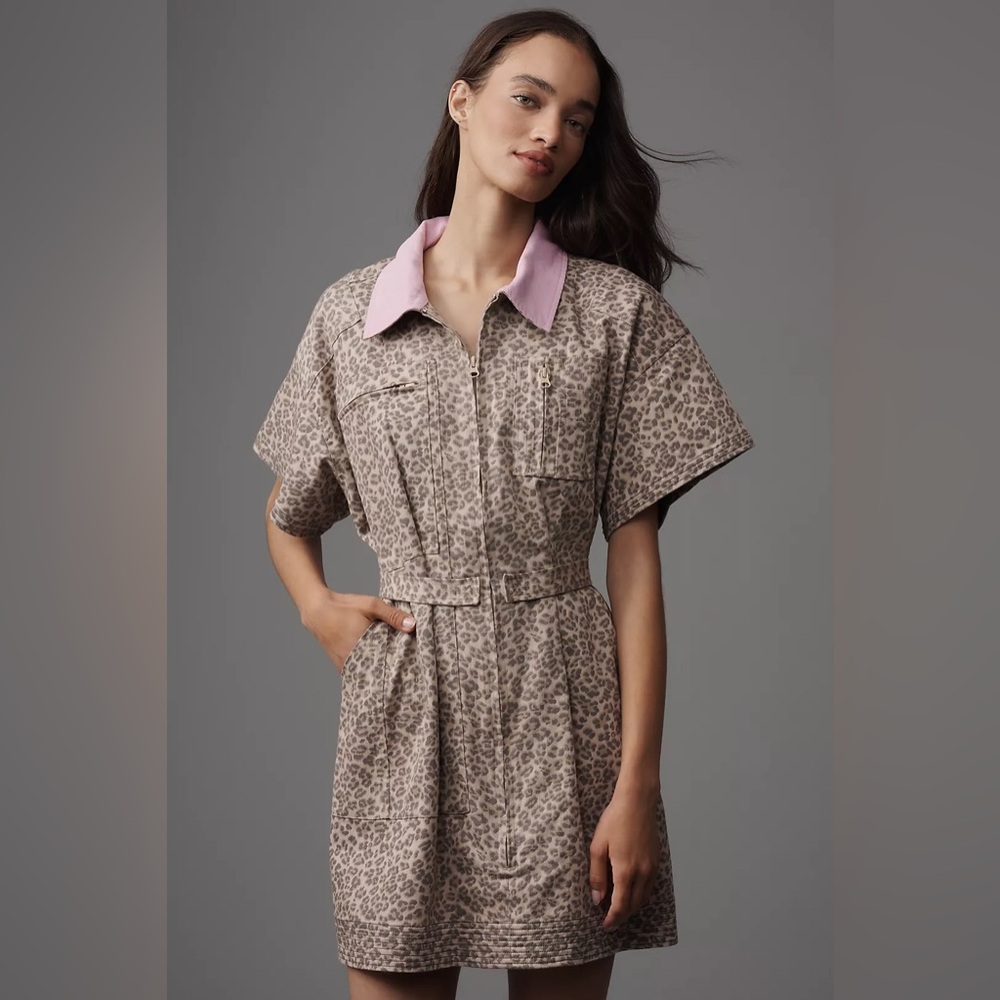 NWT Anthropologie Maeve | Womens Tan/Black Leopard Print Mini Utility Dress XXSP
